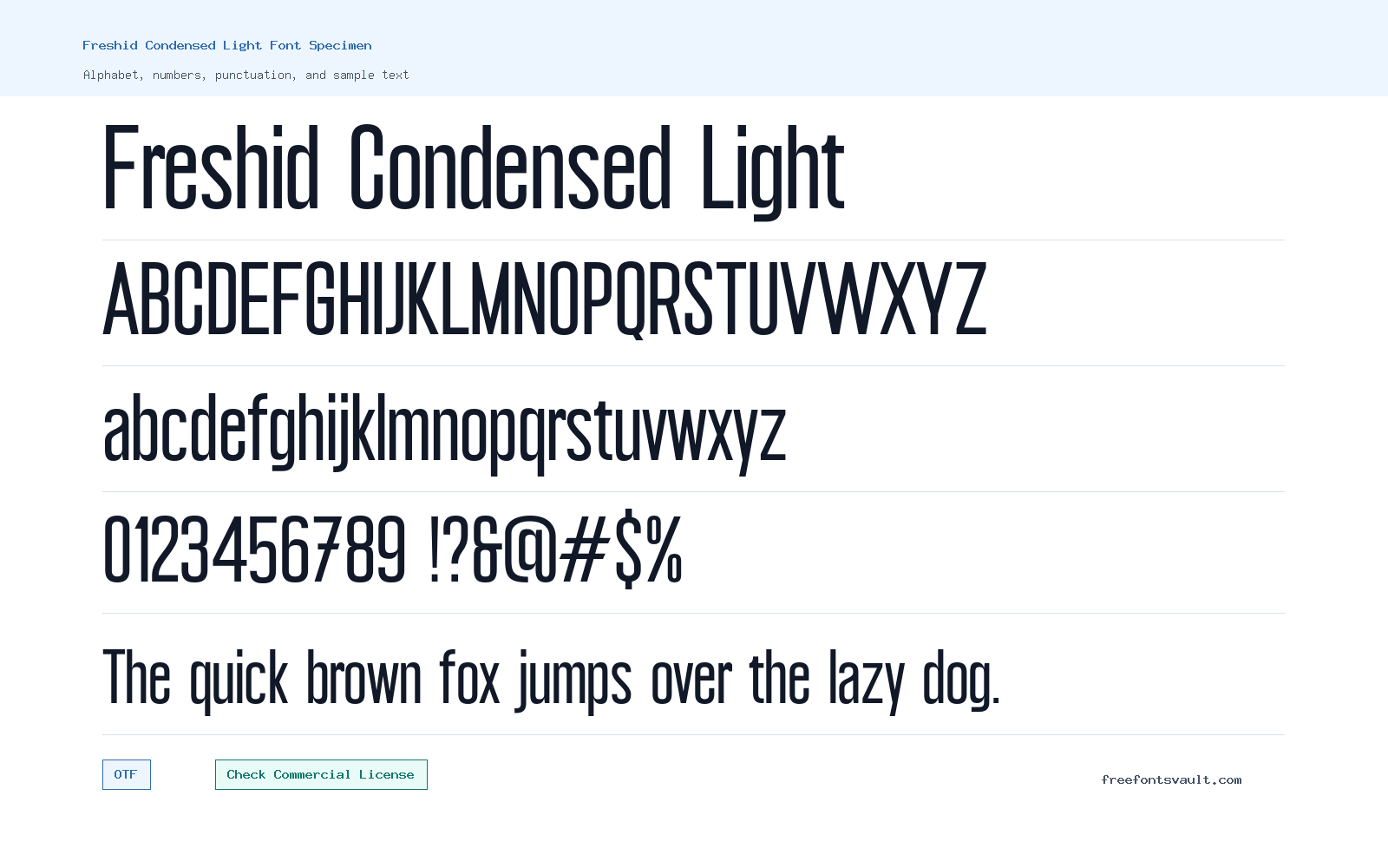 Freshid Condensed Light font specimen showing alphabet, numbers, and sample text