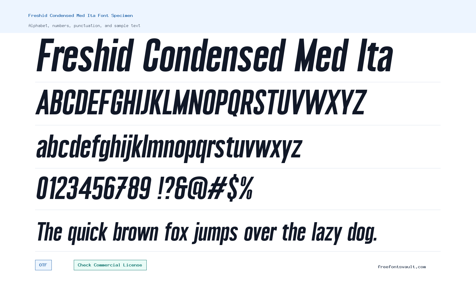 Freshid Condensed Med Ita font specimen showing alphabet, numbers, and sample text