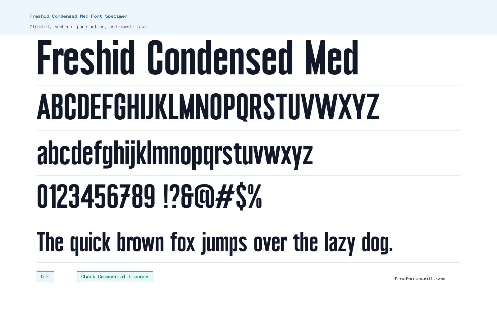 Freshid Condensed Med font specimen showing alphabet, numbers, and sample text