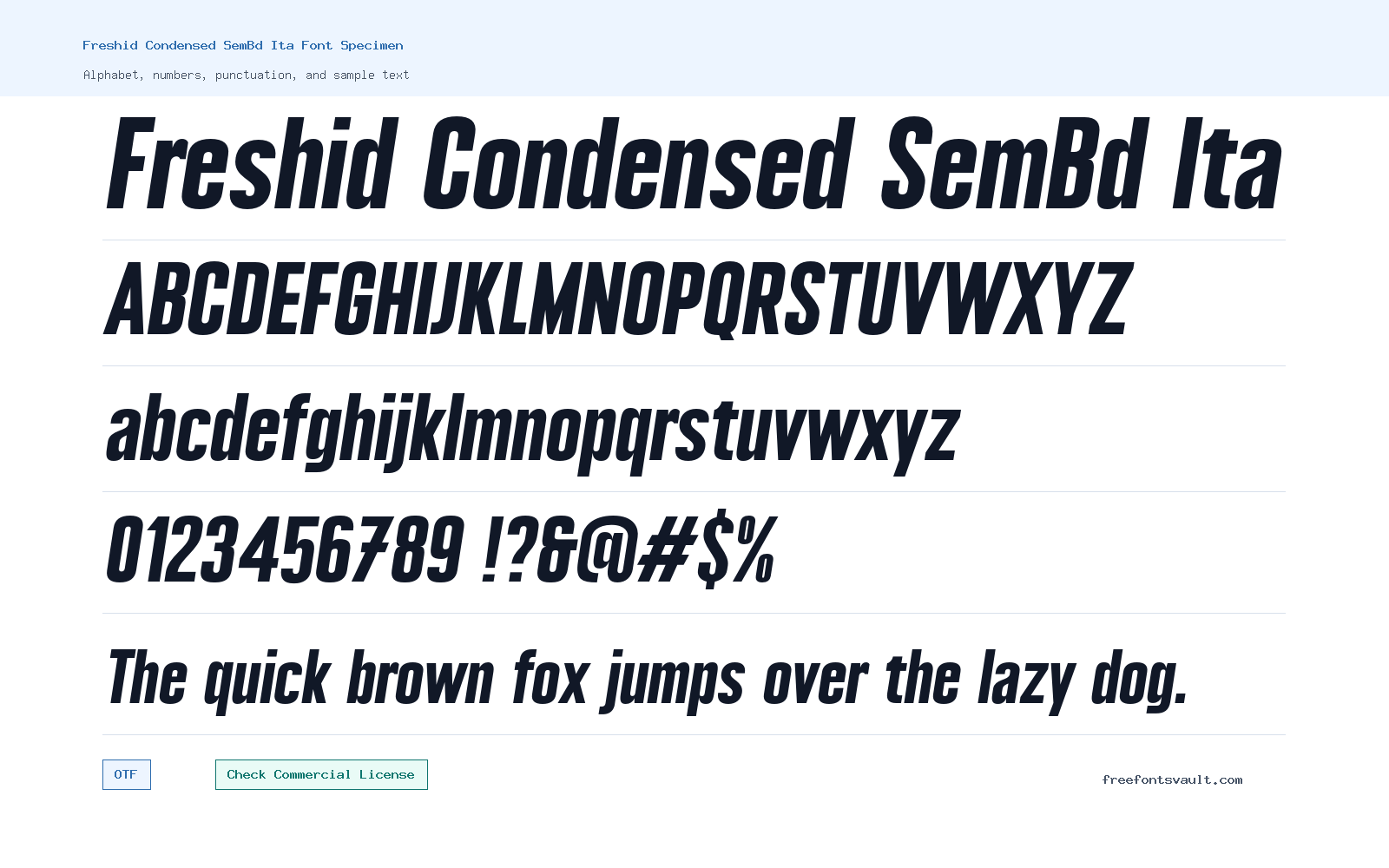 Freshid Condensed SemBd Ita font specimen showing alphabet, numbers, and sample text