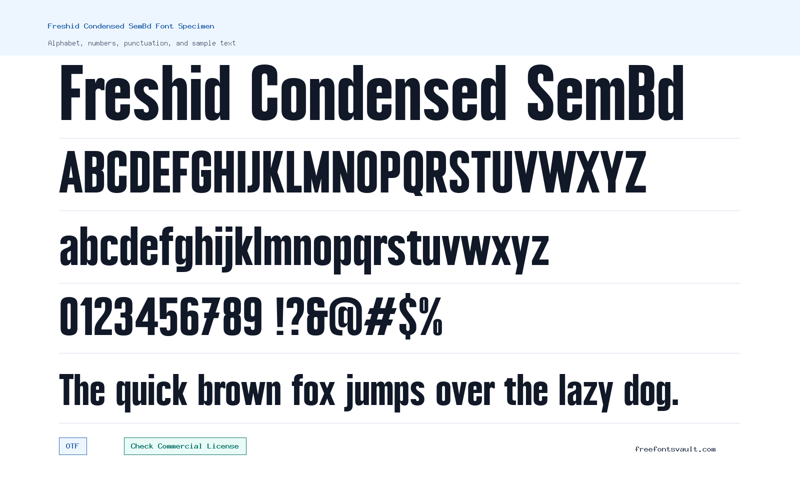 Freshid Condensed SemBd font specimen showing alphabet, numbers, and sample text
