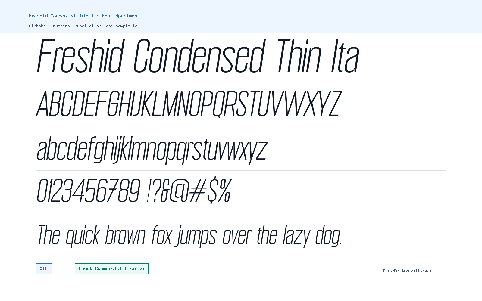 Freshid Condensed Thin Ita font specimen showing alphabet, numbers, and sample text