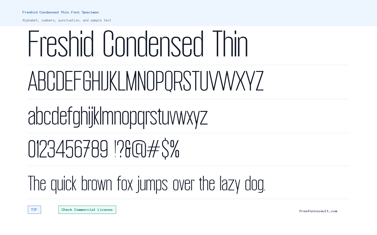 Freshid Condensed Thin font specimen showing alphabet, numbers, and sample text