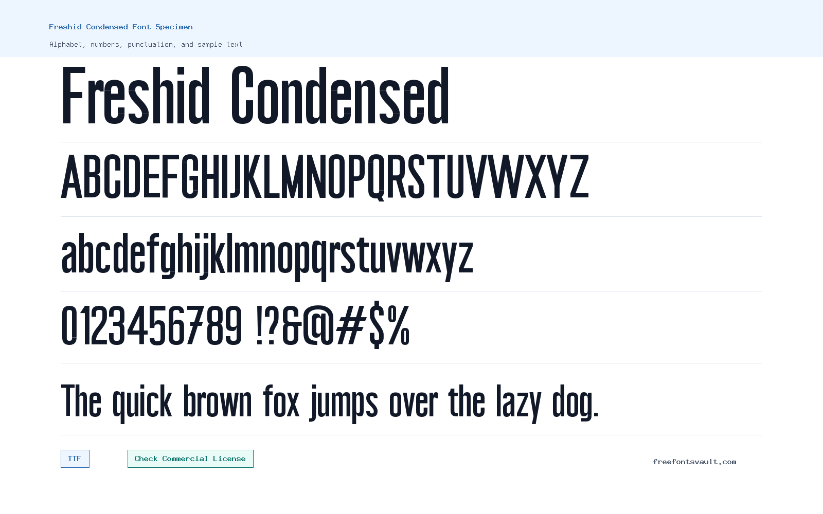 Freshid Condensed font specimen showing alphabet, numbers, and sample text