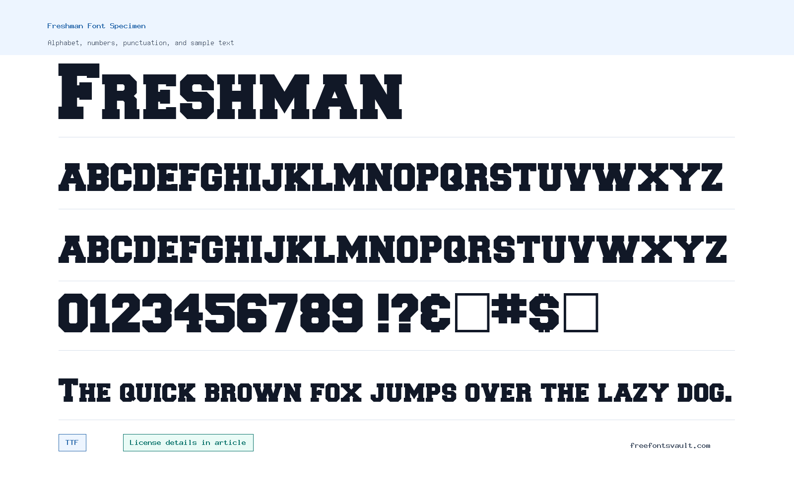 Freshman font specimen showing alphabet, numbers, and sample text