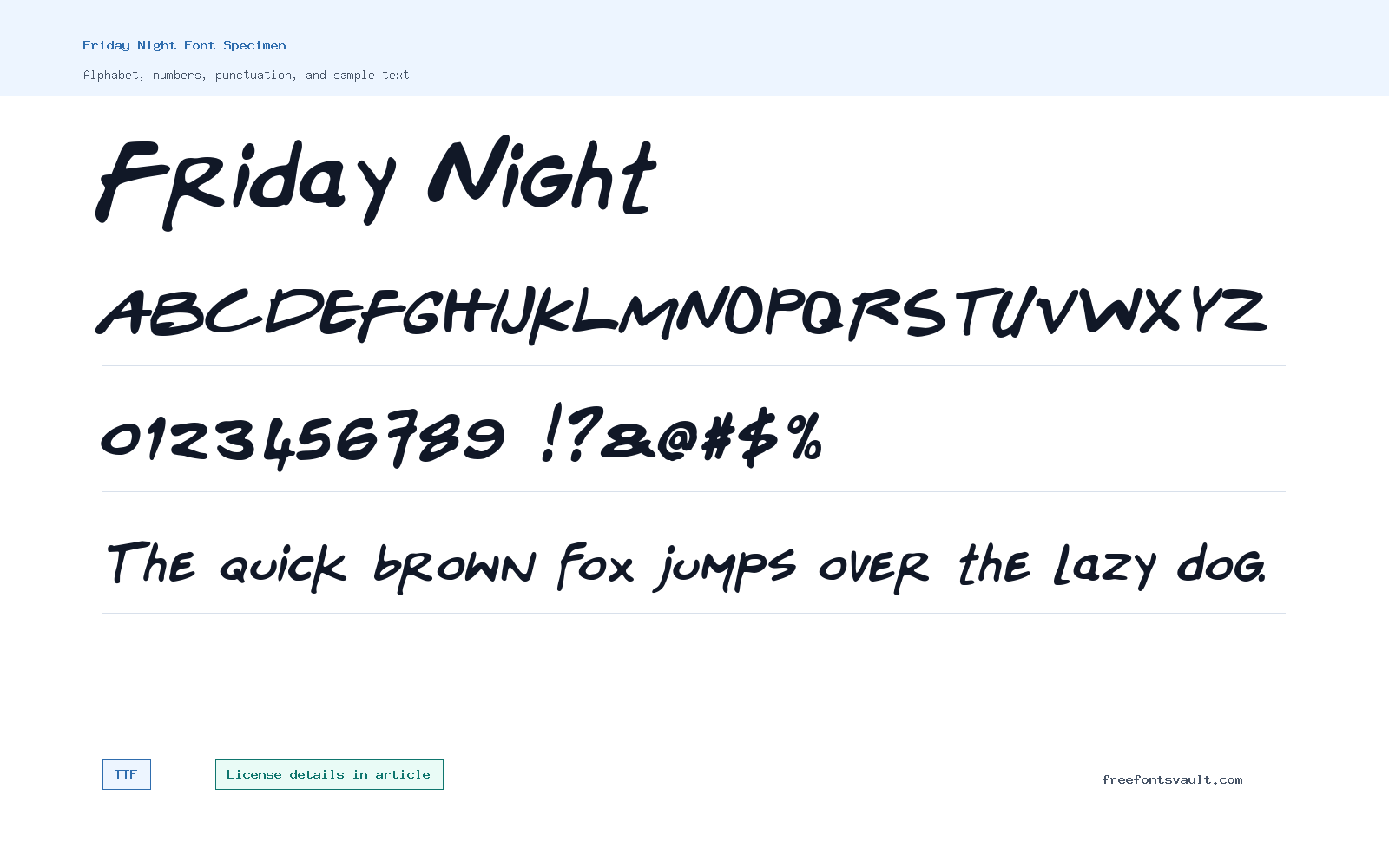 Friday Night font specimen showing alphabet, numbers, and sample text