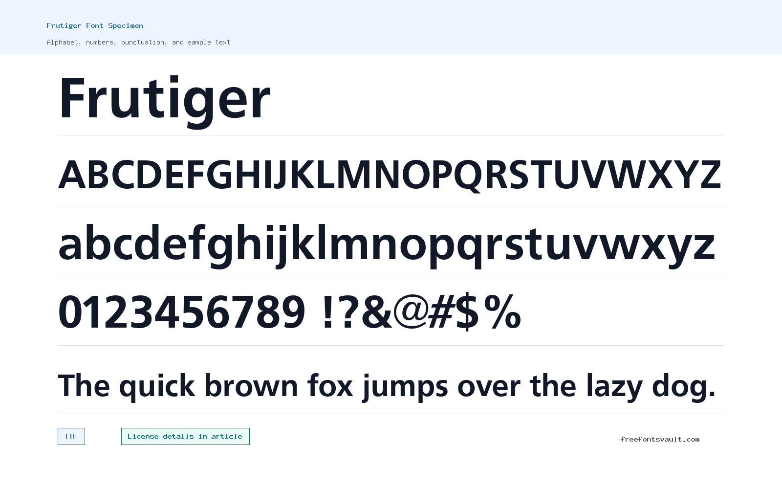 Frutiger font specimen showing alphabet, numbers, and sample text