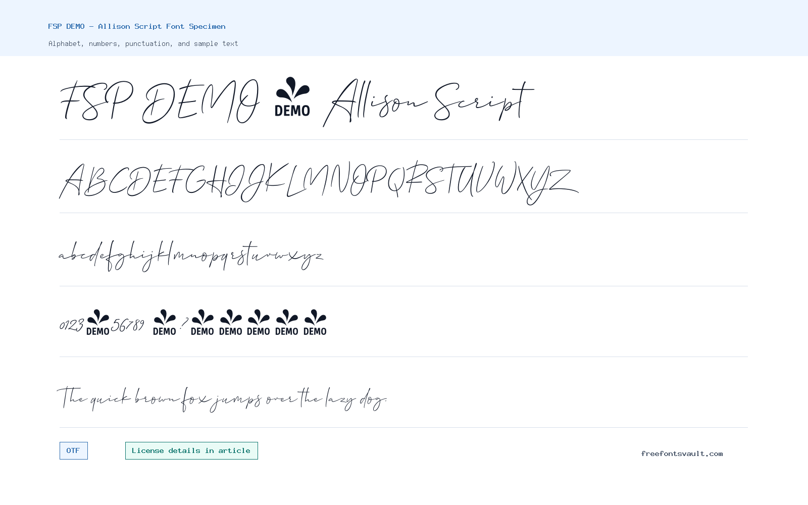 FSP DEMO - Allison Script font specimen showing alphabet, numbers, and sample text