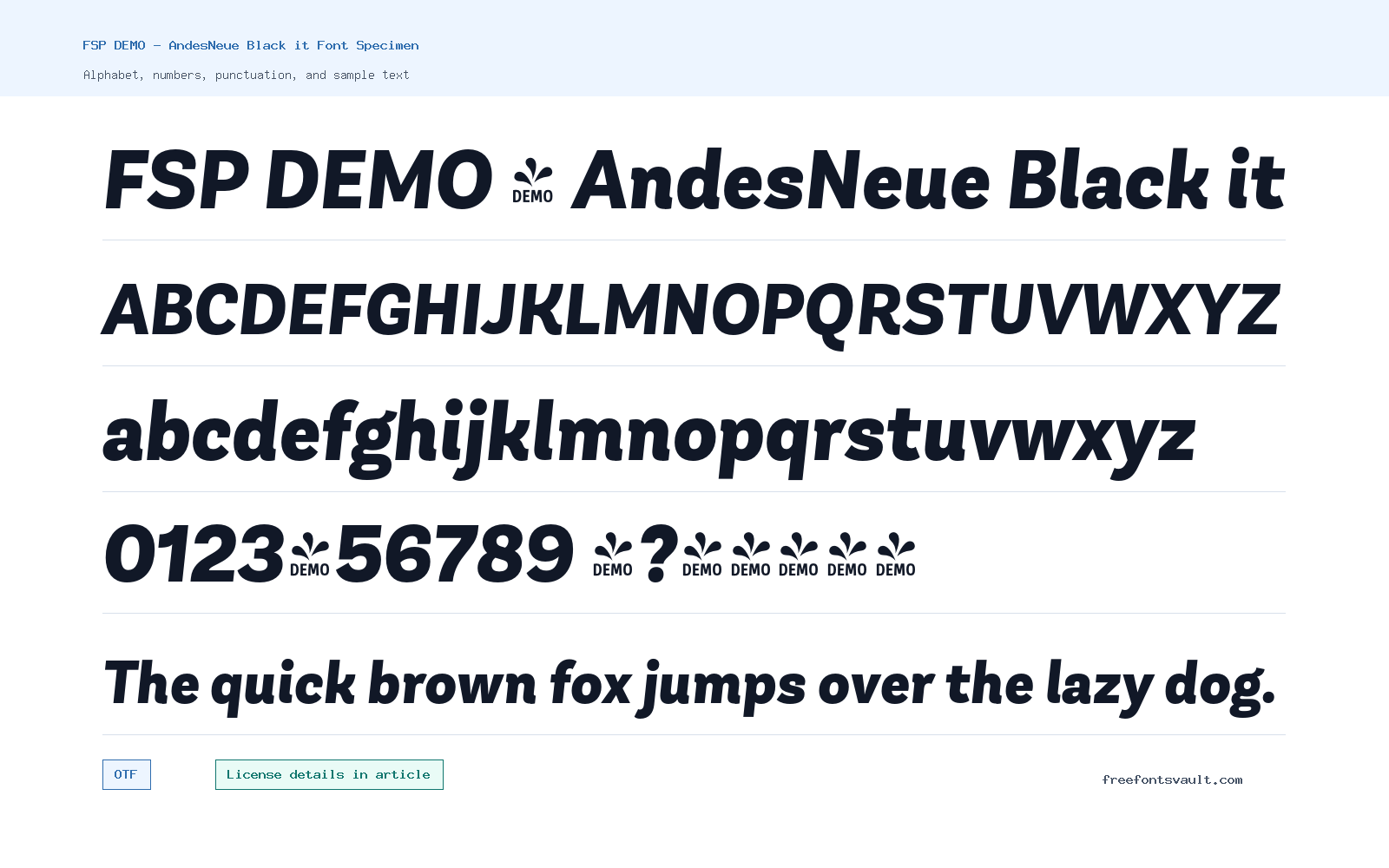 FSP DEMO - AndesNeue Black it font specimen showing alphabet, numbers, and sample text