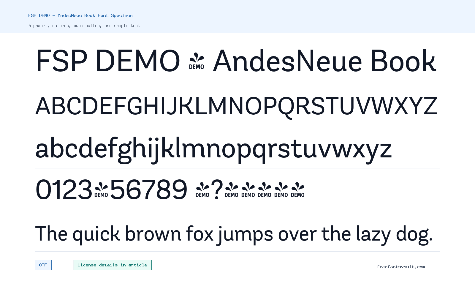 FSP DEMO - AndesNeue Book font specimen showing alphabet, numbers, and sample text