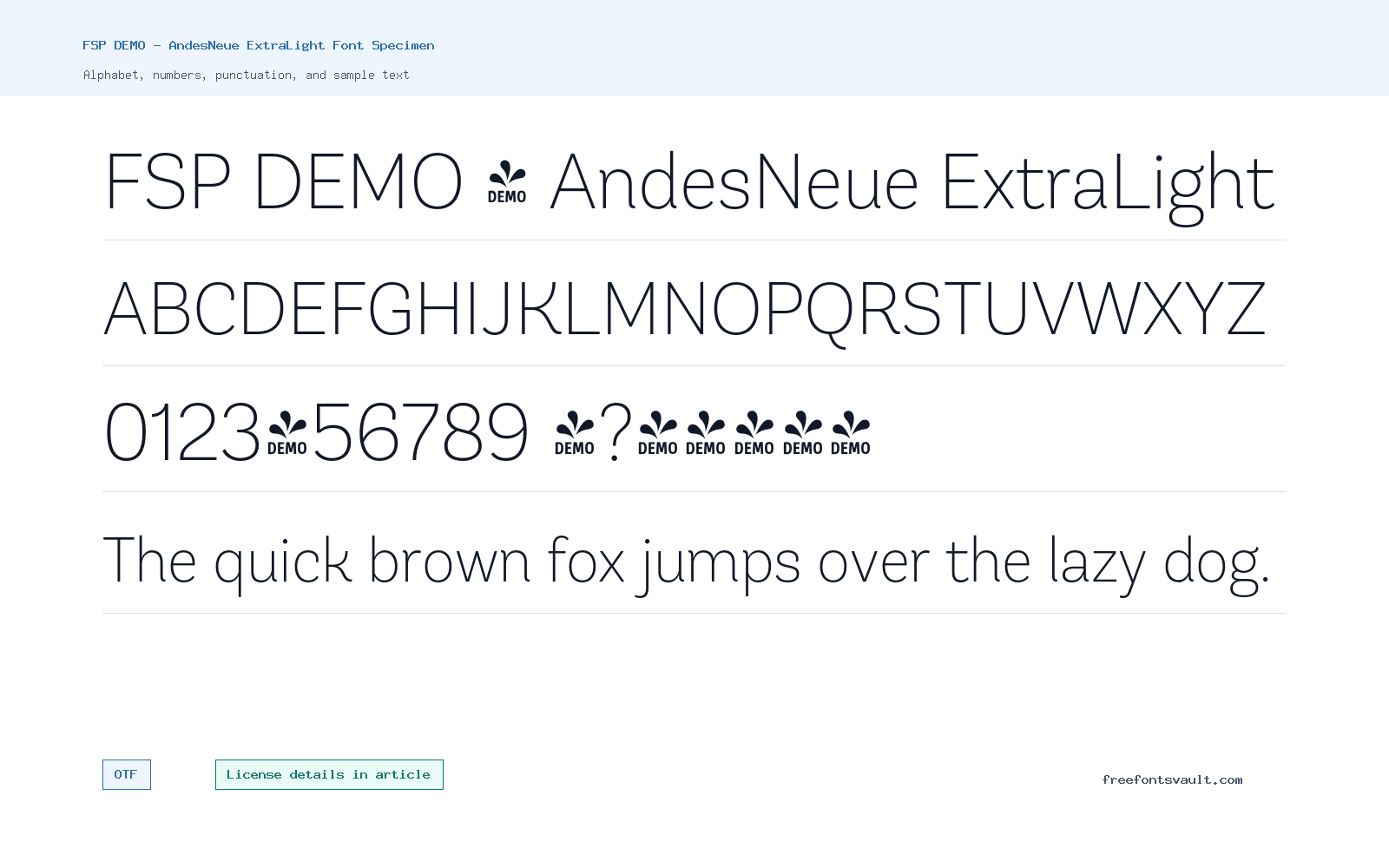 FSP DEMO - AndesNeue ExtraLight font specimen showing alphabet, numbers, and sample text