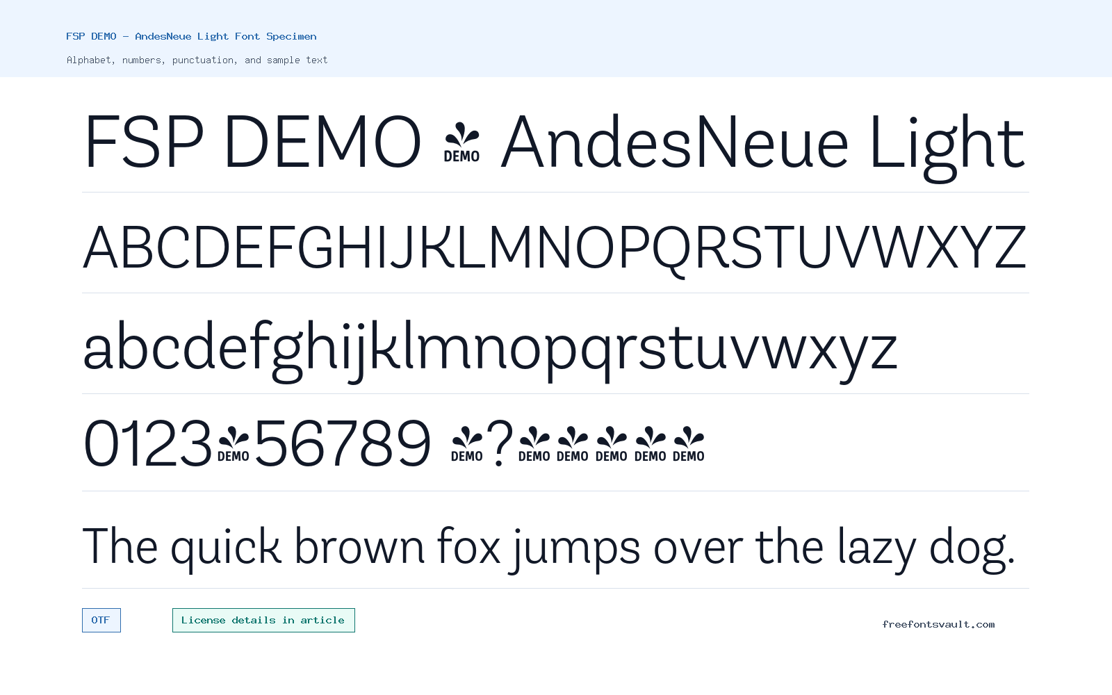 FSP DEMO - AndesNeue Light font specimen showing alphabet, numbers, and sample text