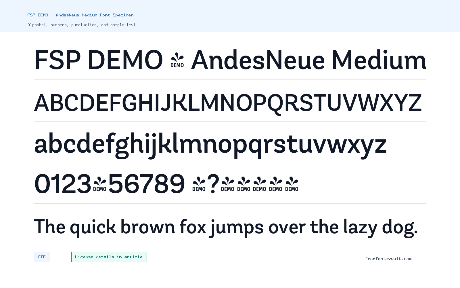 FSP DEMO - AndesNeue Medium font specimen showing alphabet, numbers, and sample text