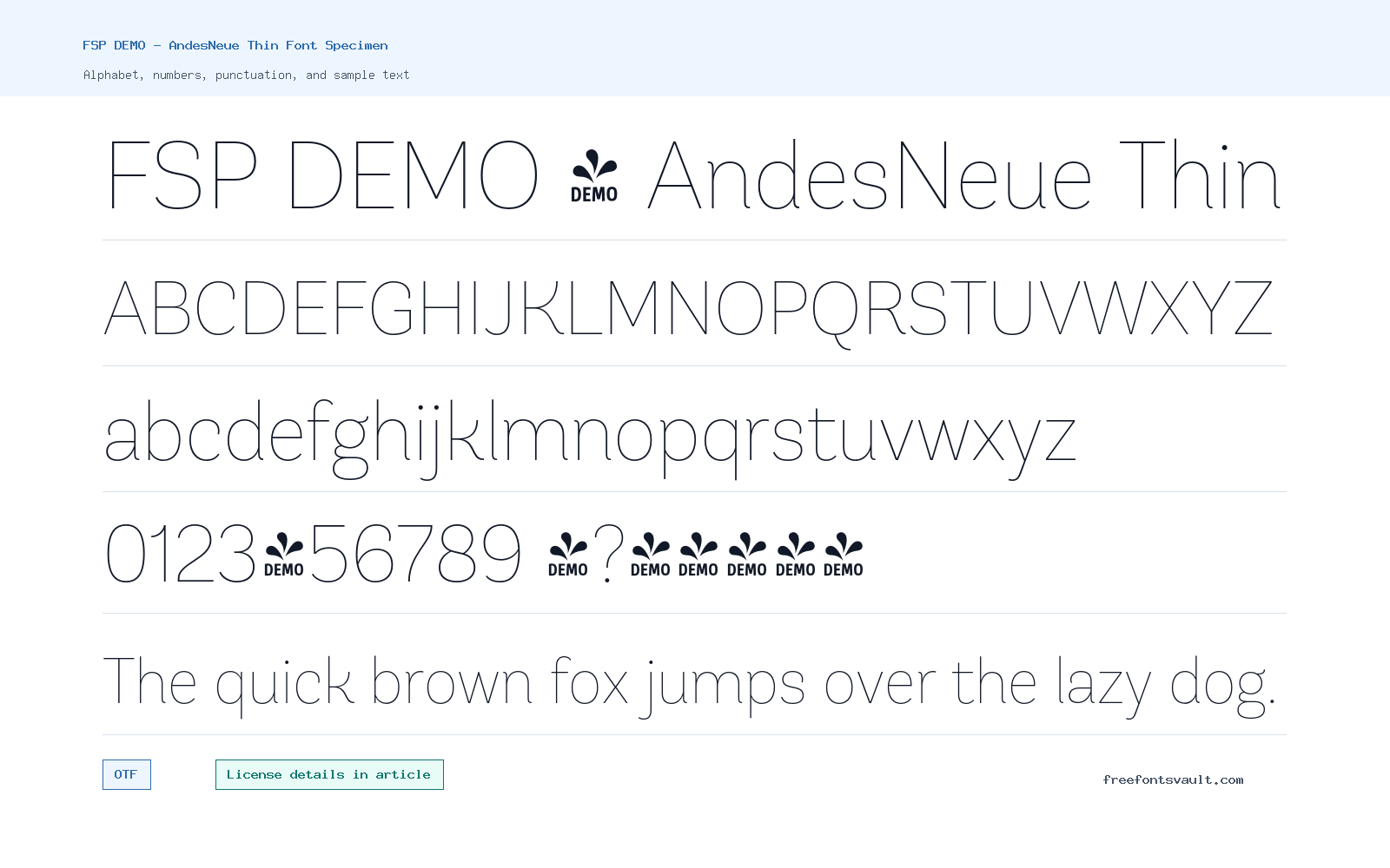 FSP DEMO - AndesNeue Thin font specimen showing alphabet, numbers, and sample text