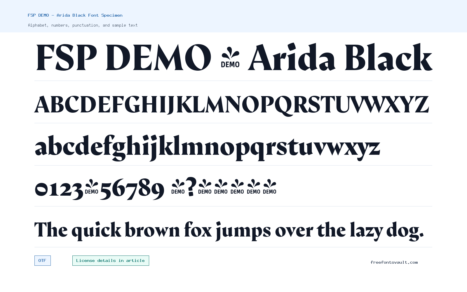 FSP DEMO - Arida Black font specimen showing alphabet, numbers, and sample text