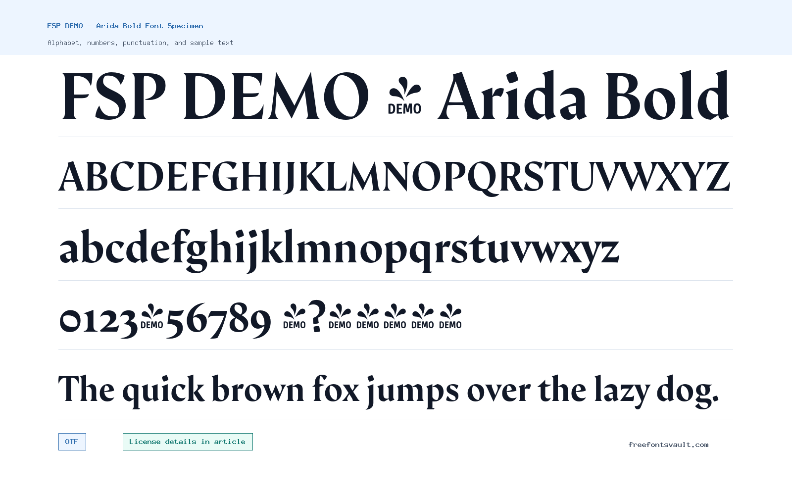 FSP DEMO - Arida Bold font specimen showing alphabet, numbers, and sample text
