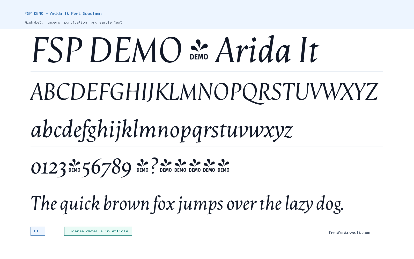 FSP DEMO - Arida It font specimen showing alphabet, numbers, and sample text