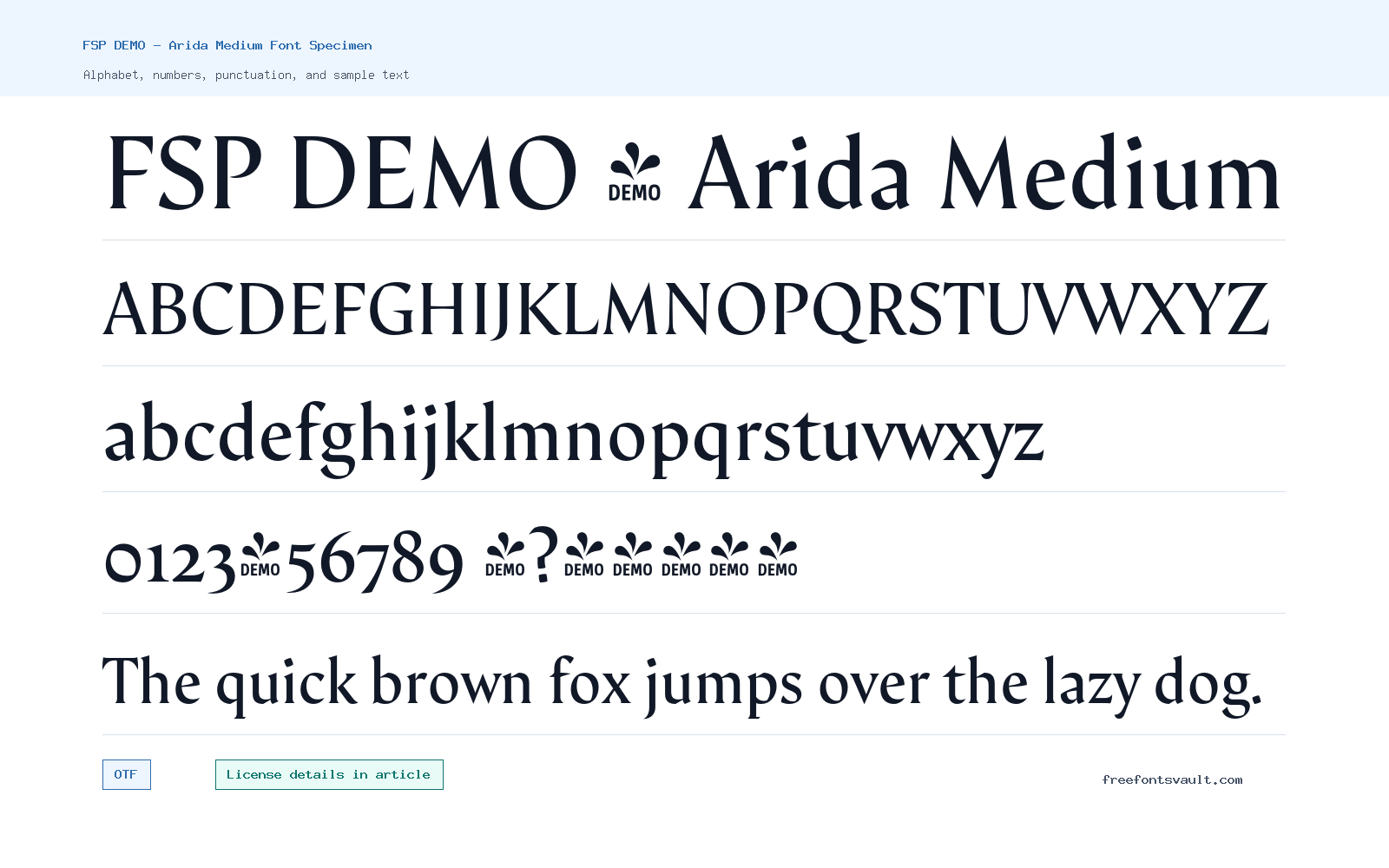 FSP DEMO - Arida Medium font specimen showing alphabet, numbers, and sample text