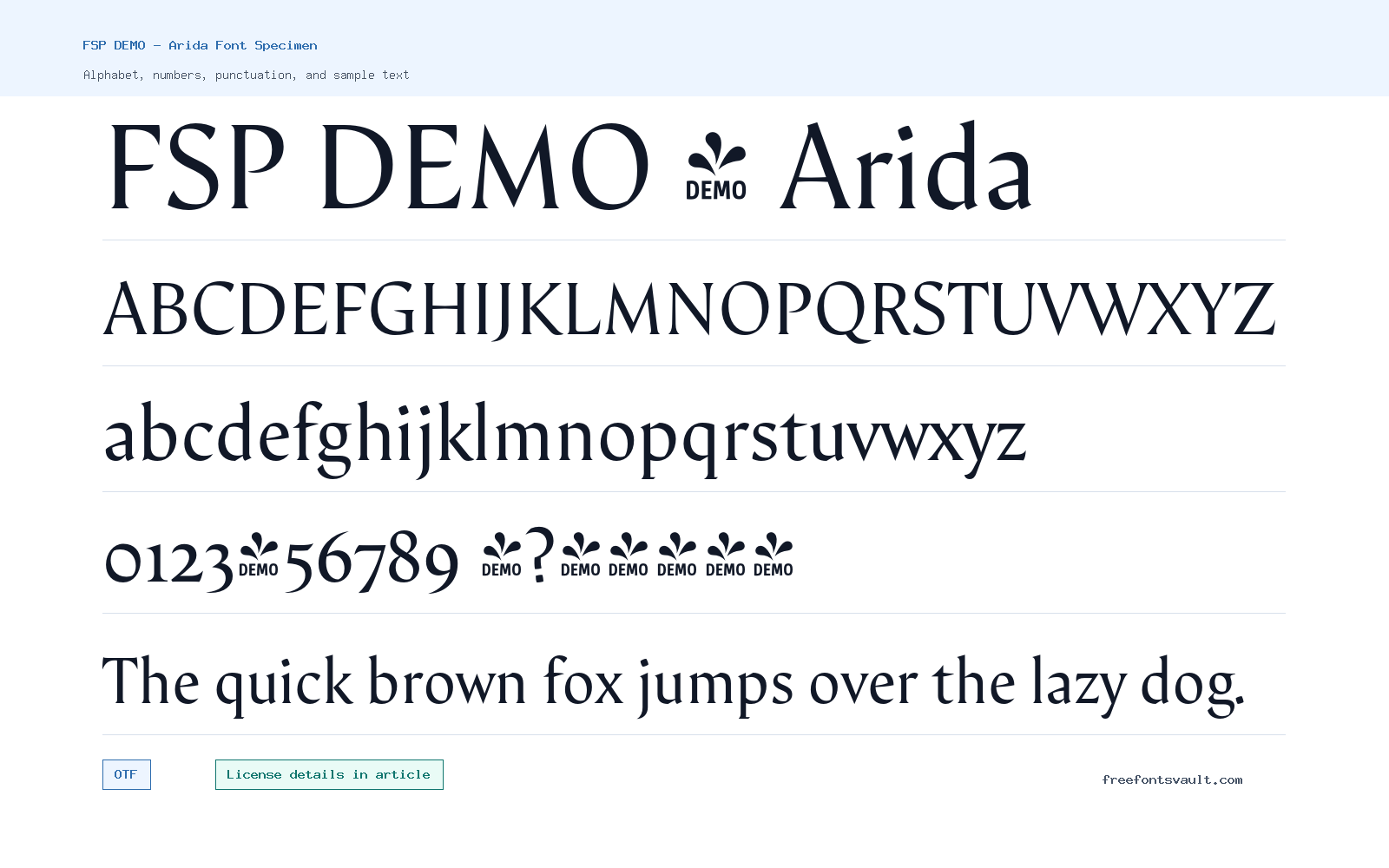 FSP DEMO - Arida font specimen showing alphabet, numbers, and sample text
