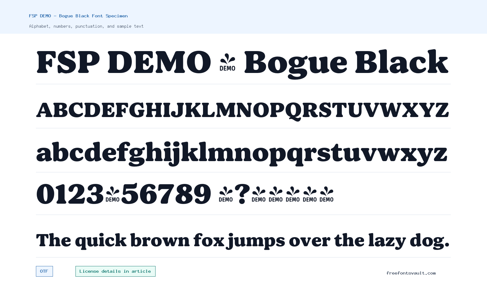 FSP DEMO - Bogue Black font specimen showing alphabet, numbers, and sample text