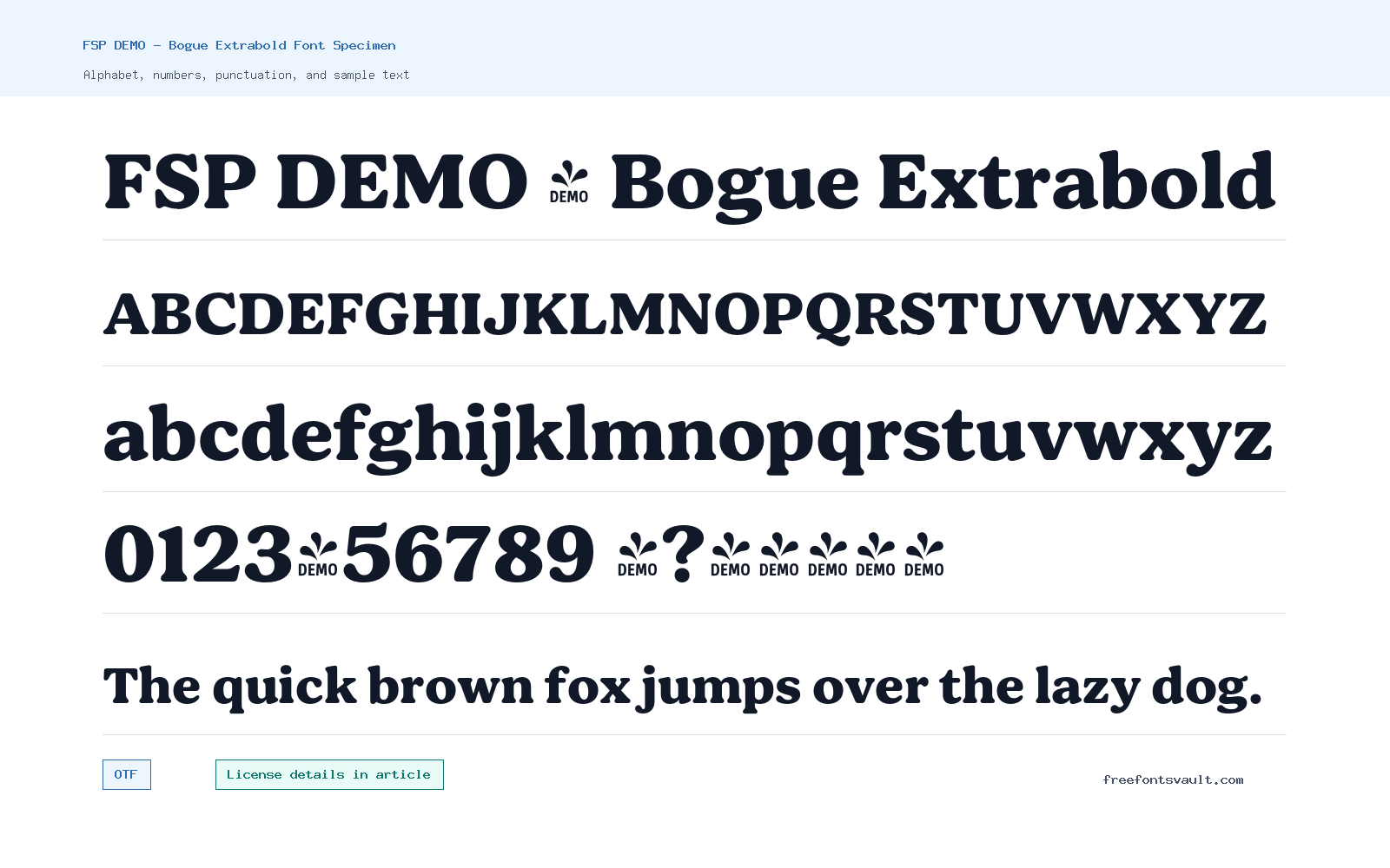 FSP DEMO - Bogue Extrabold font specimen showing alphabet, numbers, and sample text