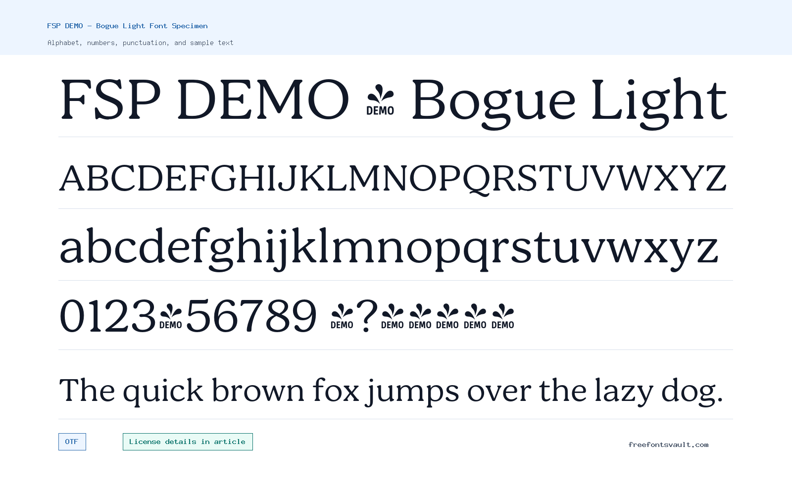 FSP DEMO - Bogue Light font specimen showing alphabet, numbers, and sample text