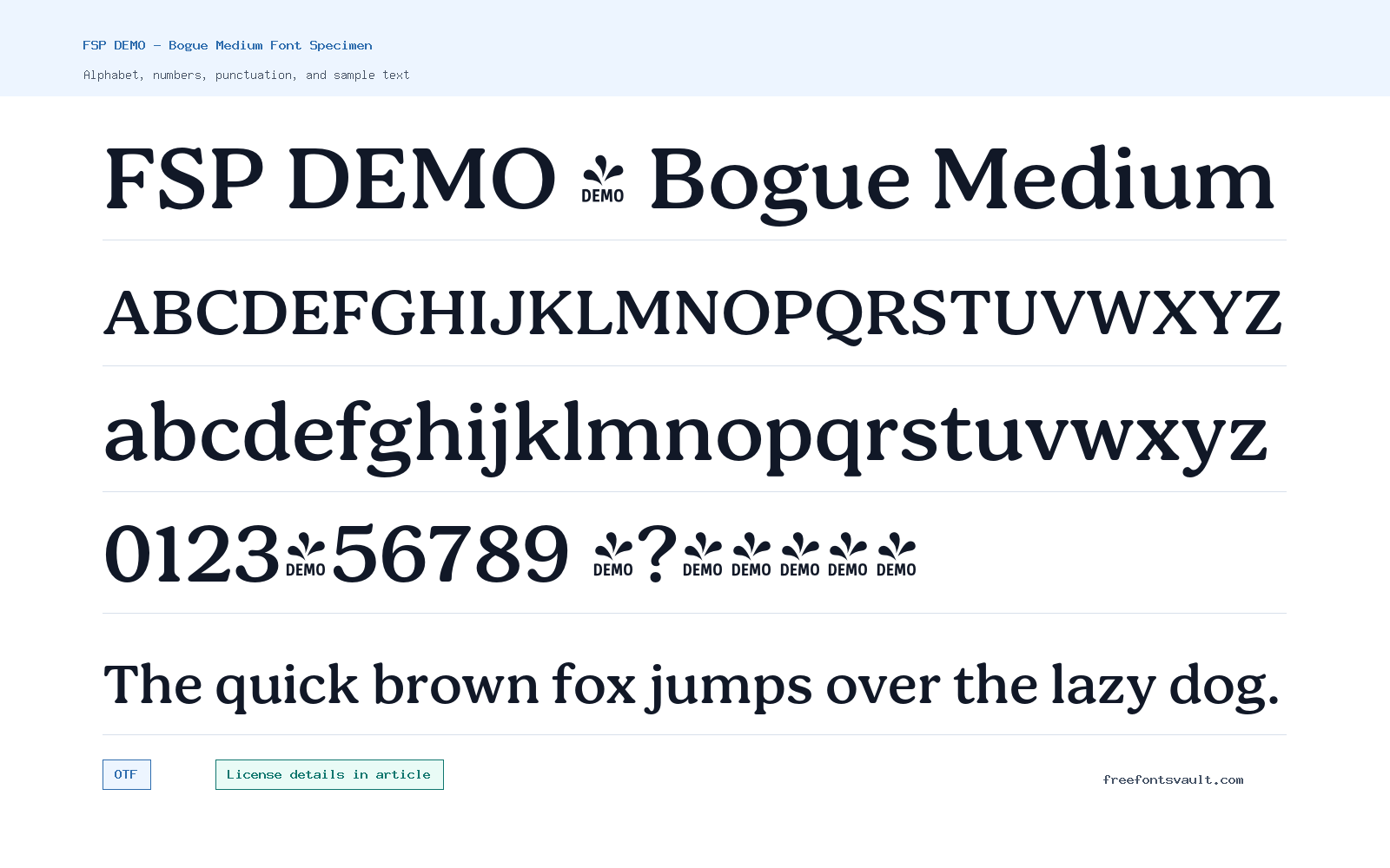 FSP DEMO - Bogue Medium font specimen showing alphabet, numbers, and sample text
