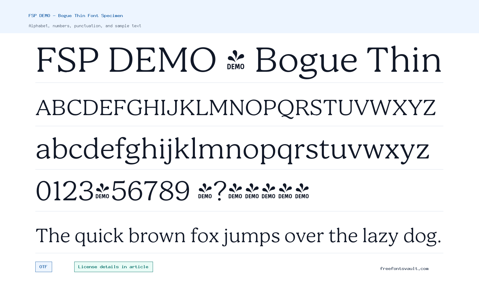 FSP DEMO - Bogue Thin font specimen showing alphabet, numbers, and sample text