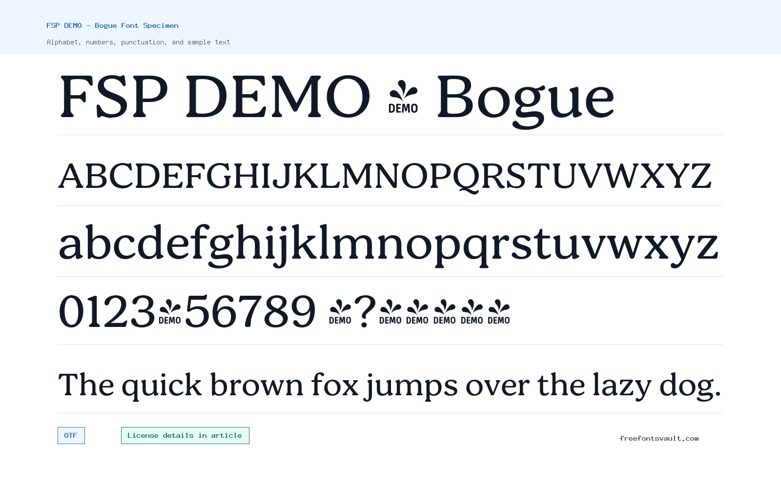 FSP DEMO - Bogue font specimen showing alphabet, numbers, and sample text