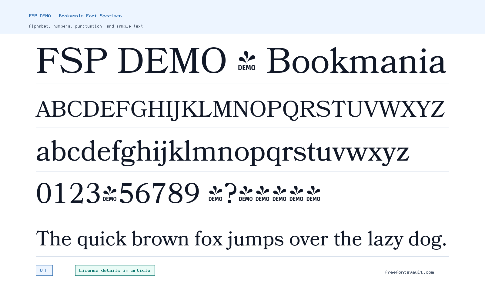 FSP DEMO - Bookmania font specimen showing alphabet, numbers, and sample text