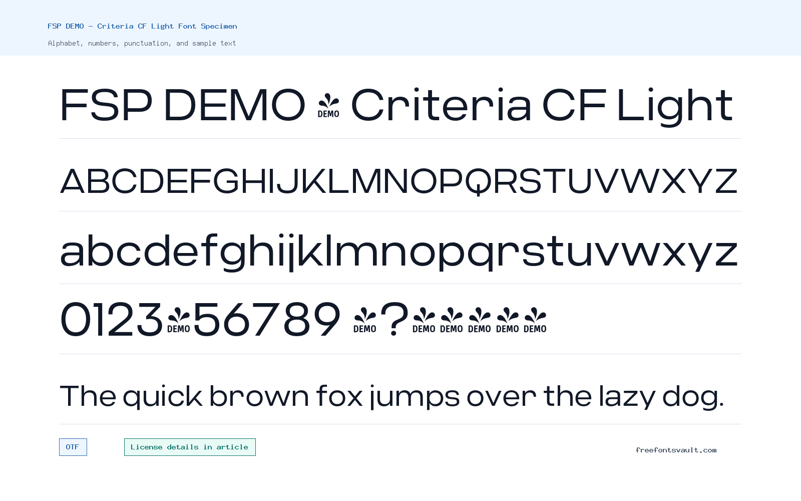 FSP DEMO - Criteria CF Light font specimen showing alphabet, numbers, and sample text