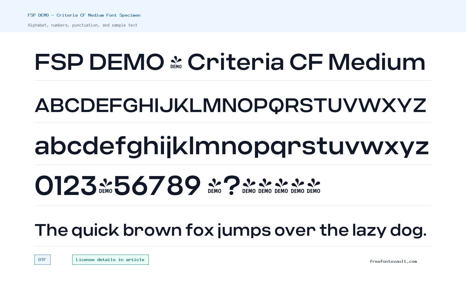 FSP DEMO - Criteria CF Medium font specimen showing alphabet, numbers, and sample text