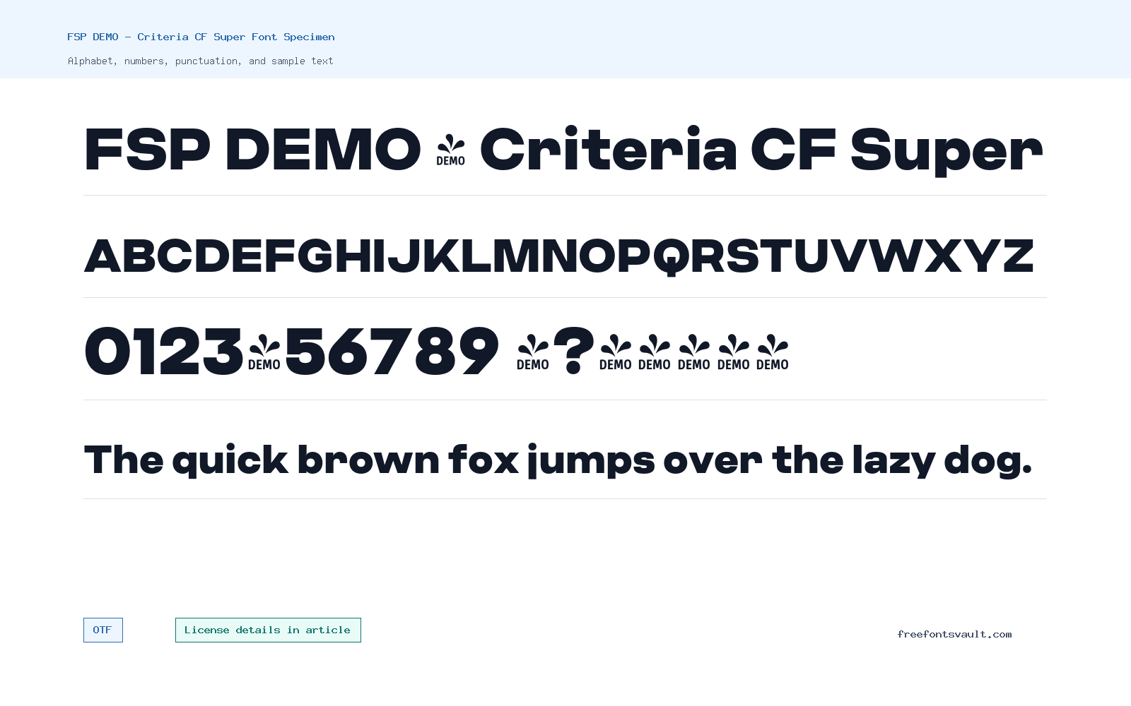 FSP DEMO - Criteria CF Super font specimen showing alphabet, numbers, and sample text