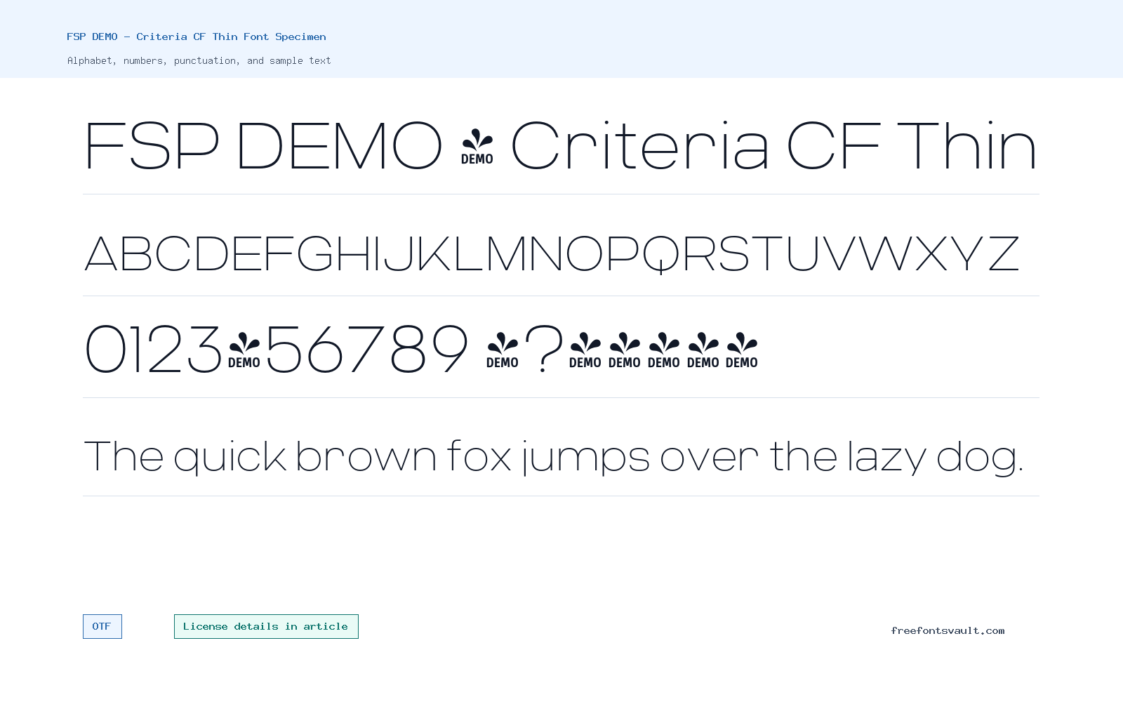 FSP DEMO - Criteria CF Thin font specimen showing alphabet, numbers, and sample text
