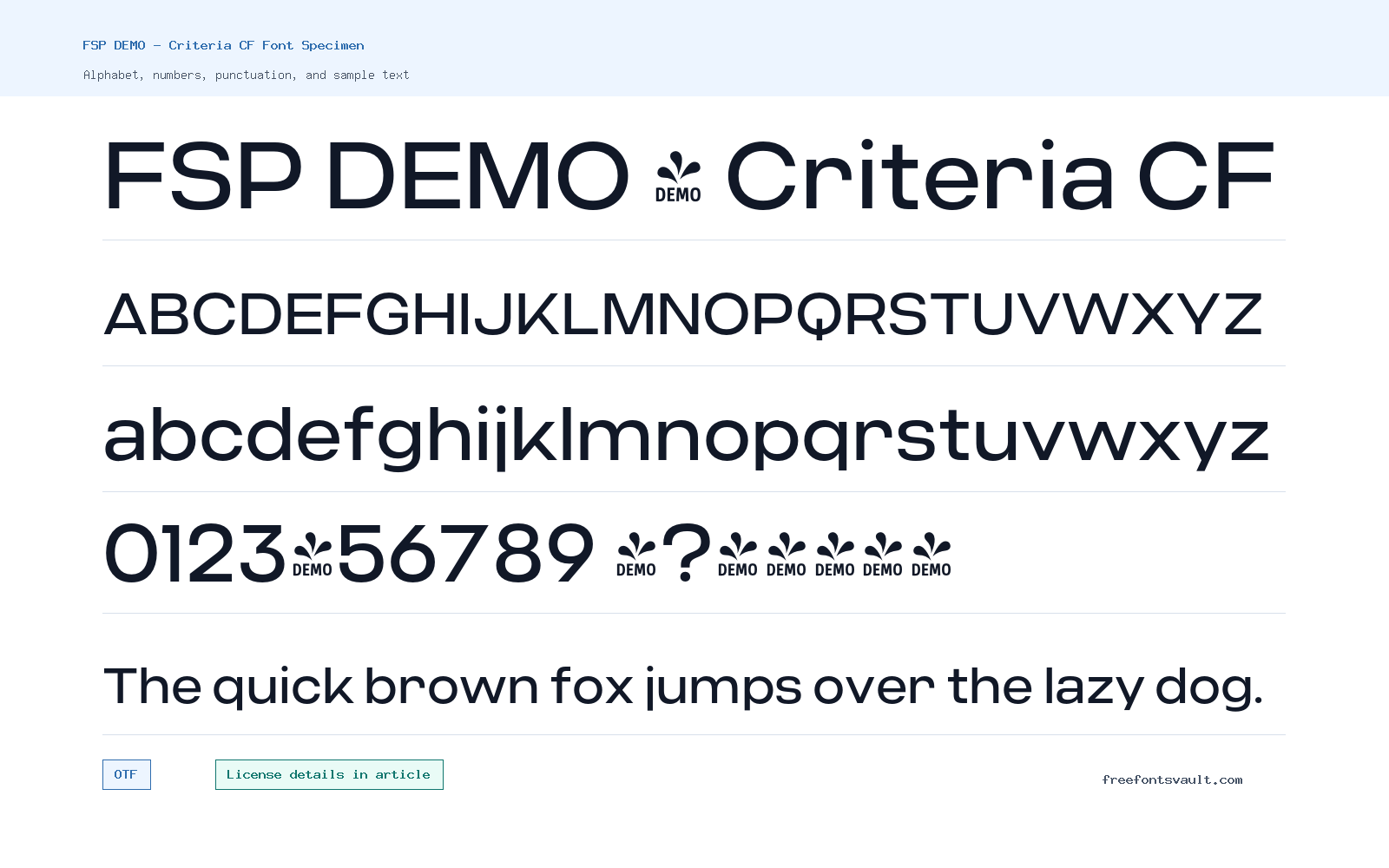 FSP DEMO - Criteria CF font specimen showing alphabet, numbers, and sample text