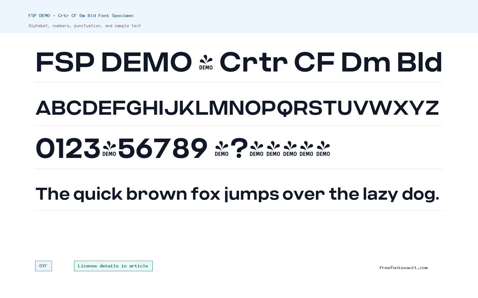 FSP DEMO - Crtr CF Dm Bld font specimen showing alphabet, numbers, and sample text