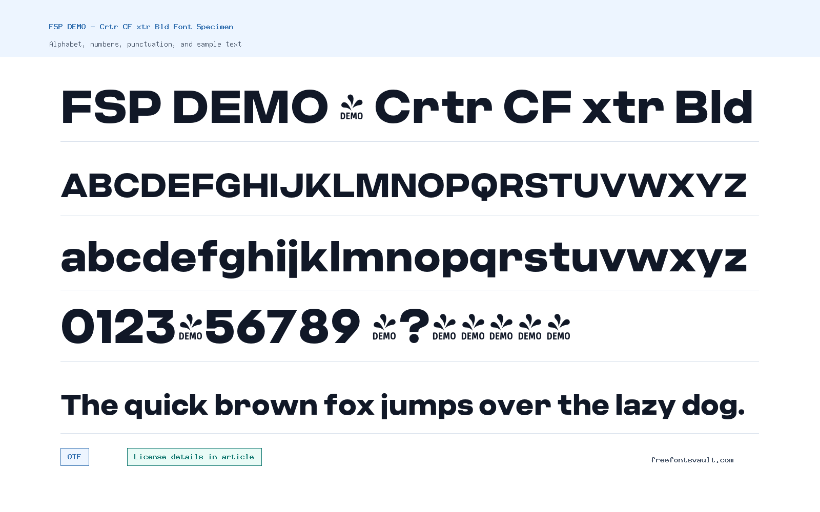 FSP DEMO - Crtr CF xtr Bld font specimen showing alphabet, numbers, and sample text