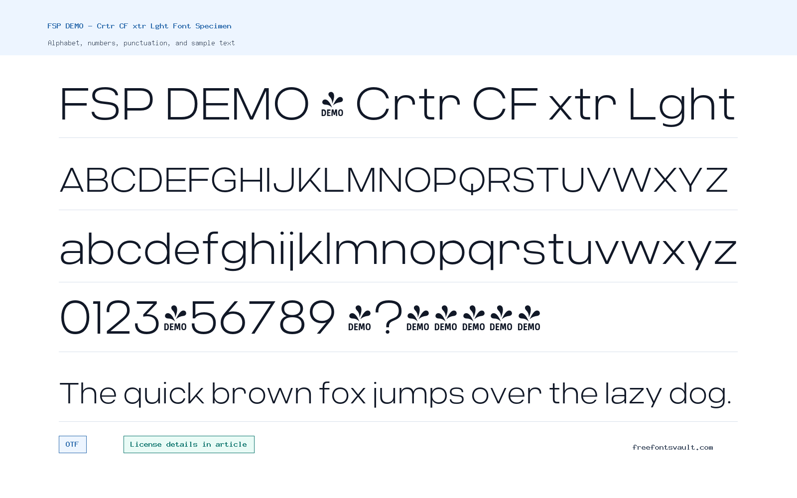 FSP DEMO - Crtr CF xtr Lght font specimen showing alphabet, numbers, and sample text