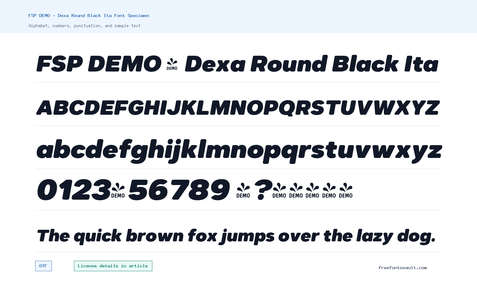 FSP DEMO - Dexa Round Black Ita font specimen showing alphabet, numbers, and sample text