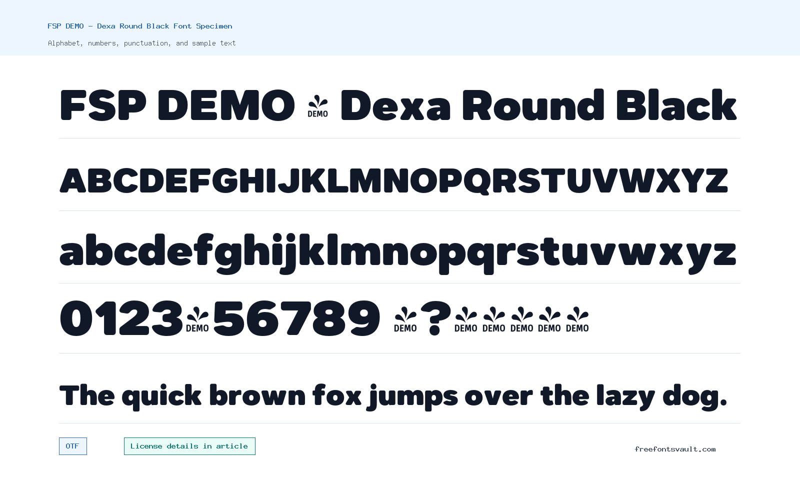 FSP DEMO - Dexa Round Black font specimen showing alphabet, numbers, and sample text