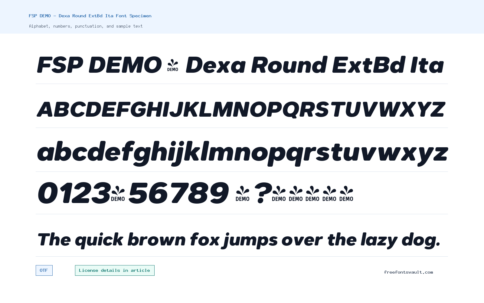 FSP DEMO - Dexa Round ExtBd Ita font specimen showing alphabet, numbers, and sample text