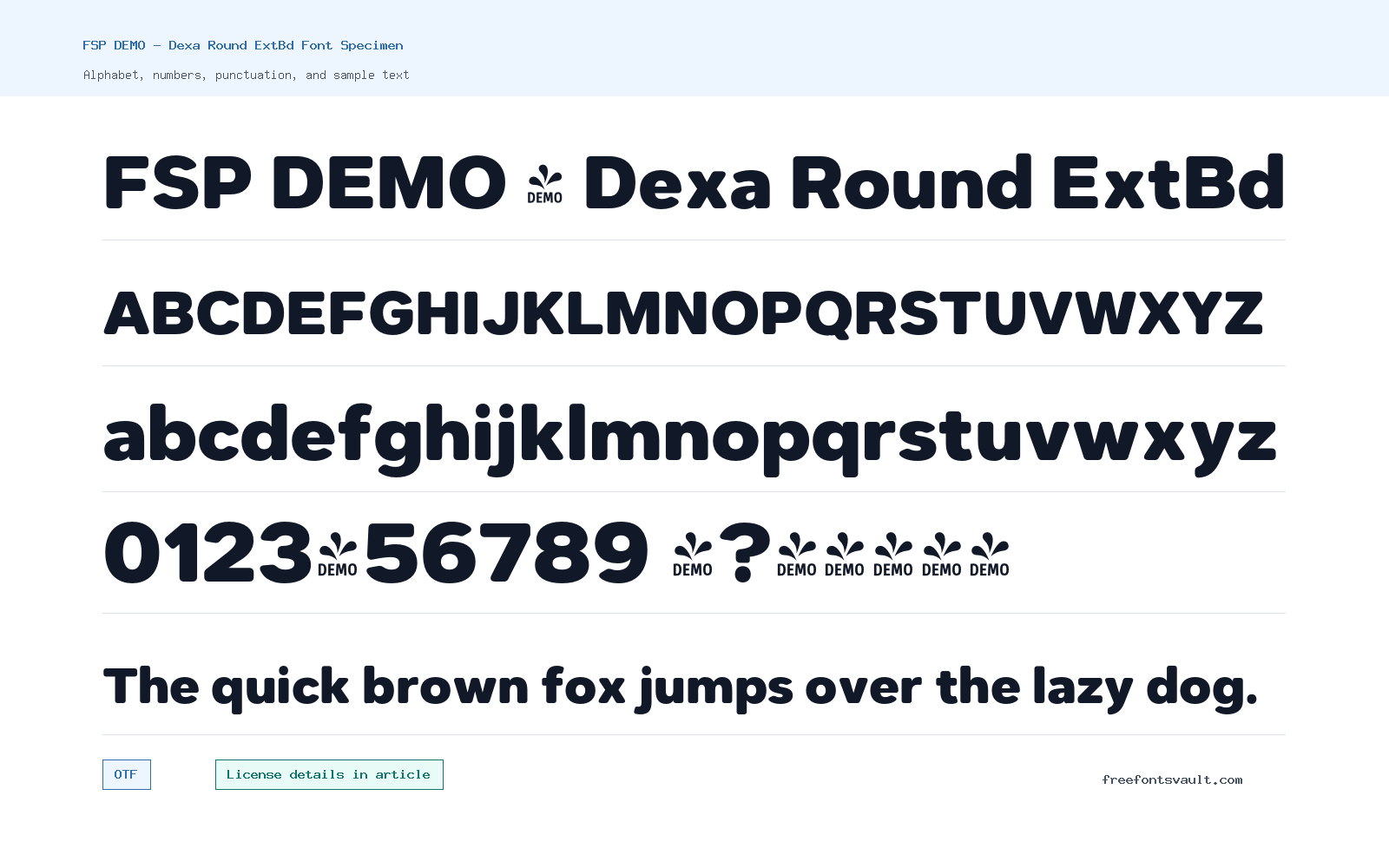 FSP DEMO - Dexa Round ExtBd font specimen showing alphabet, numbers, and sample text