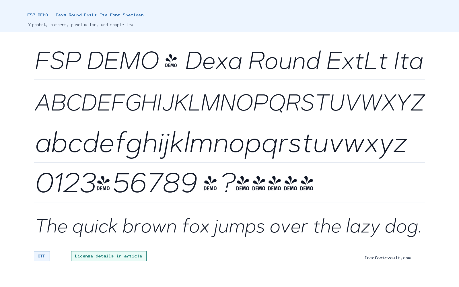 FSP DEMO - Dexa Round ExtLt Ita font specimen showing alphabet, numbers, and sample text