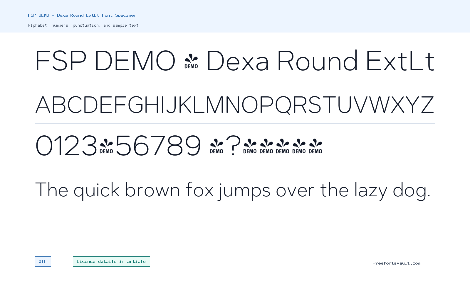 FSP DEMO - Dexa Round ExtLt font specimen showing alphabet, numbers, and sample text