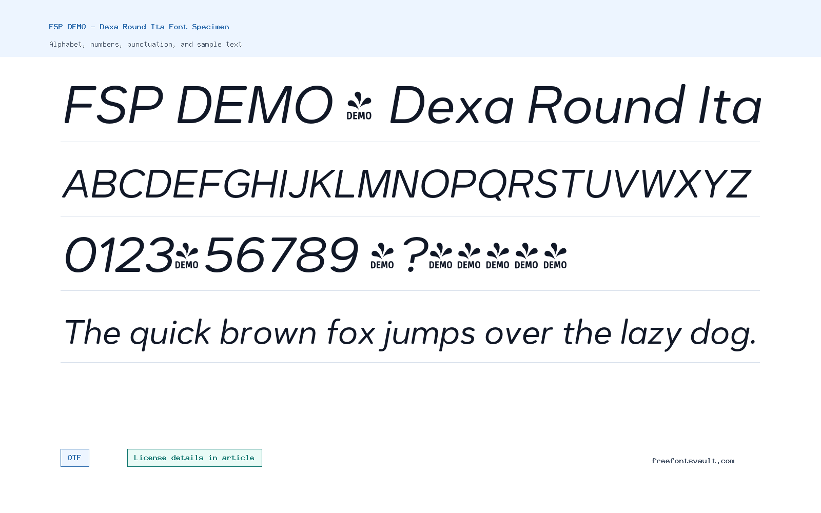 FSP DEMO - Dexa Round Ita font specimen showing alphabet, numbers, and sample text