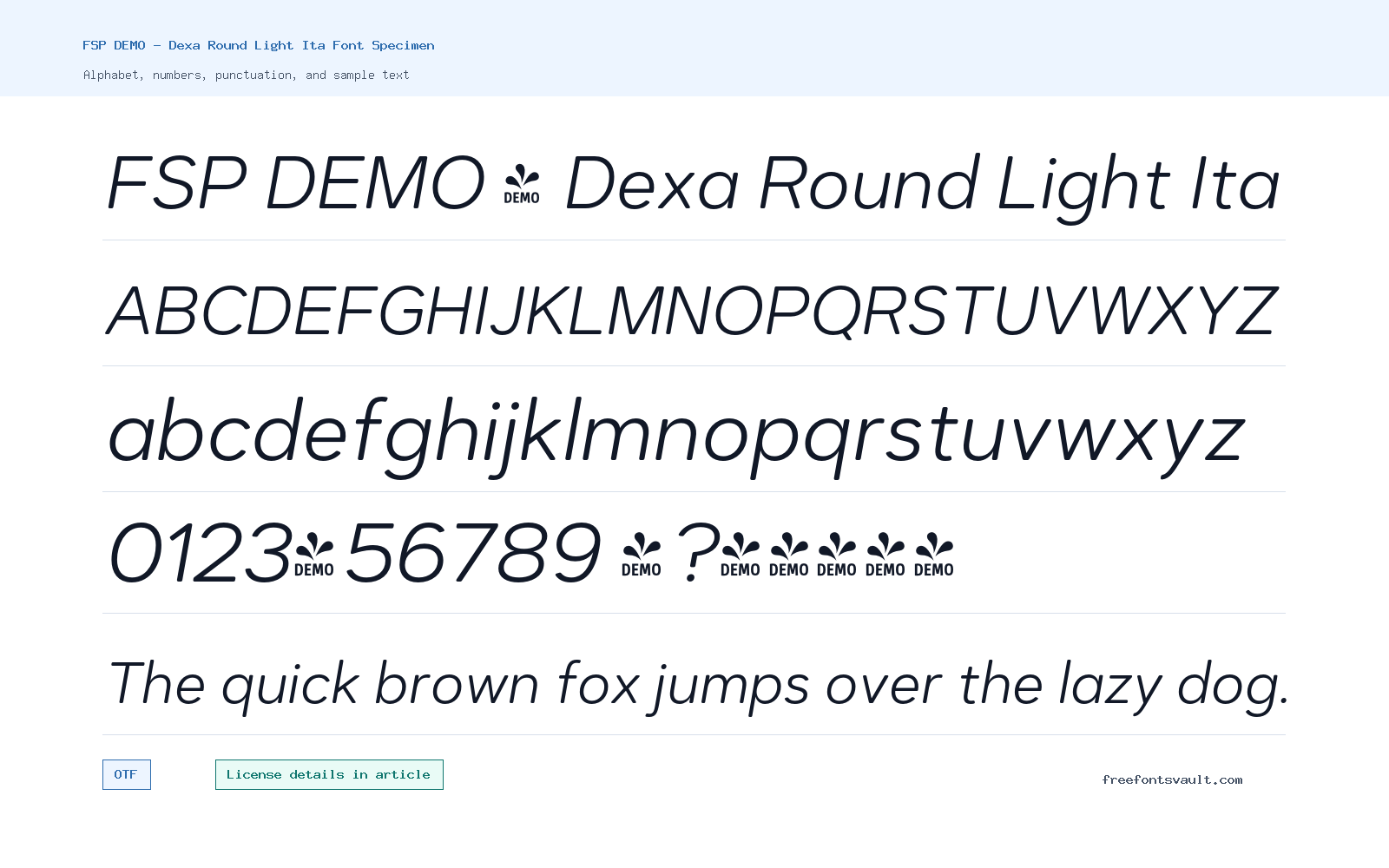 FSP DEMO - Dexa Round Light Ita font specimen showing alphabet, numbers, and sample text