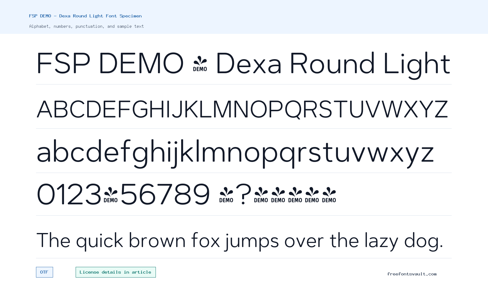 FSP DEMO - Dexa Round Light font specimen showing alphabet, numbers, and sample text