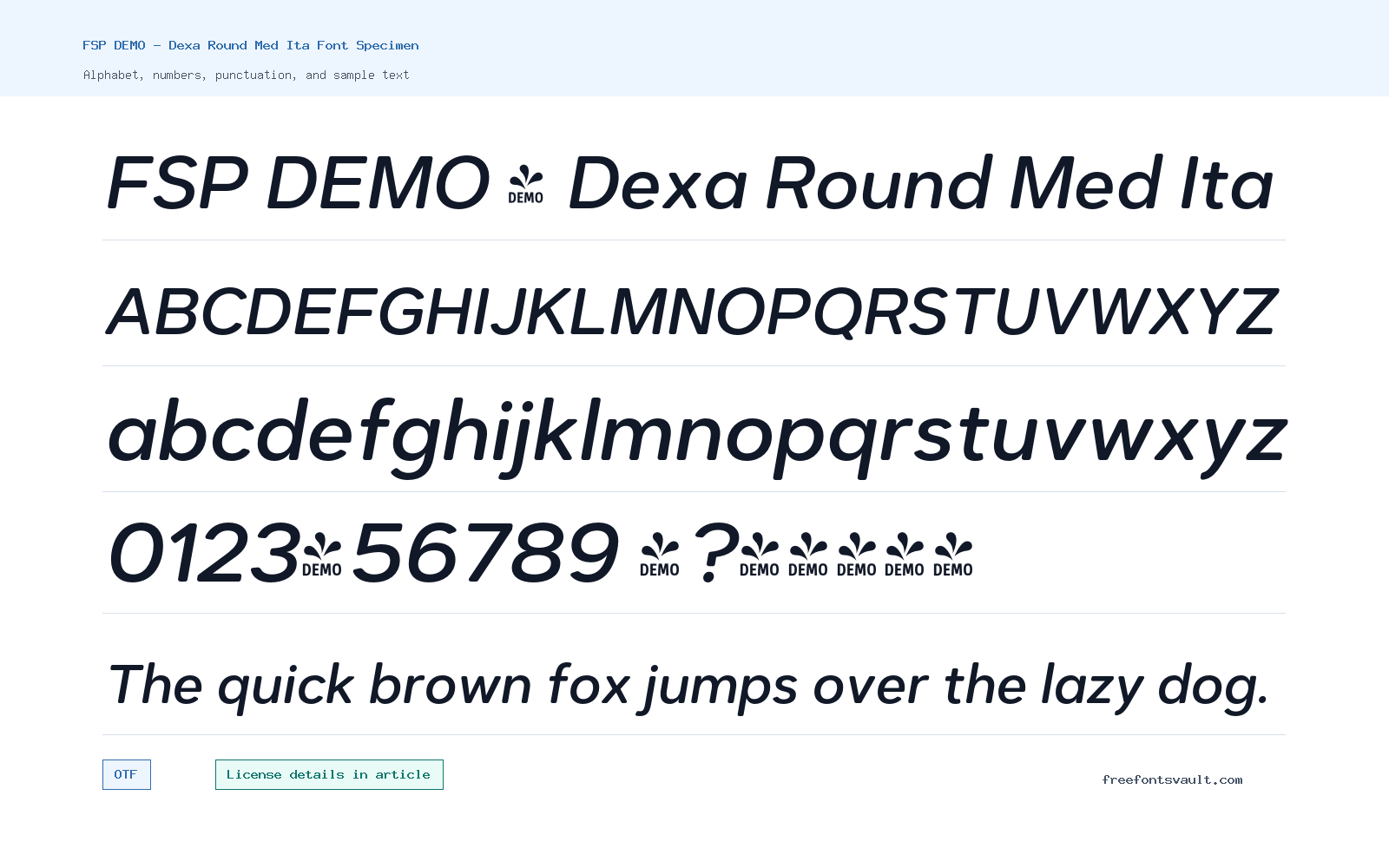 FSP DEMO - Dexa Round Med Ita font specimen showing alphabet, numbers, and sample text