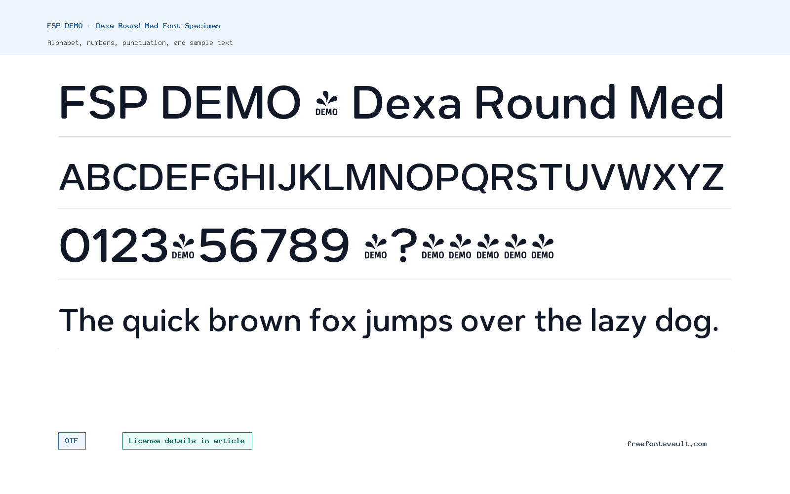 FSP DEMO - Dexa Round Med font specimen showing alphabet, numbers, and sample text