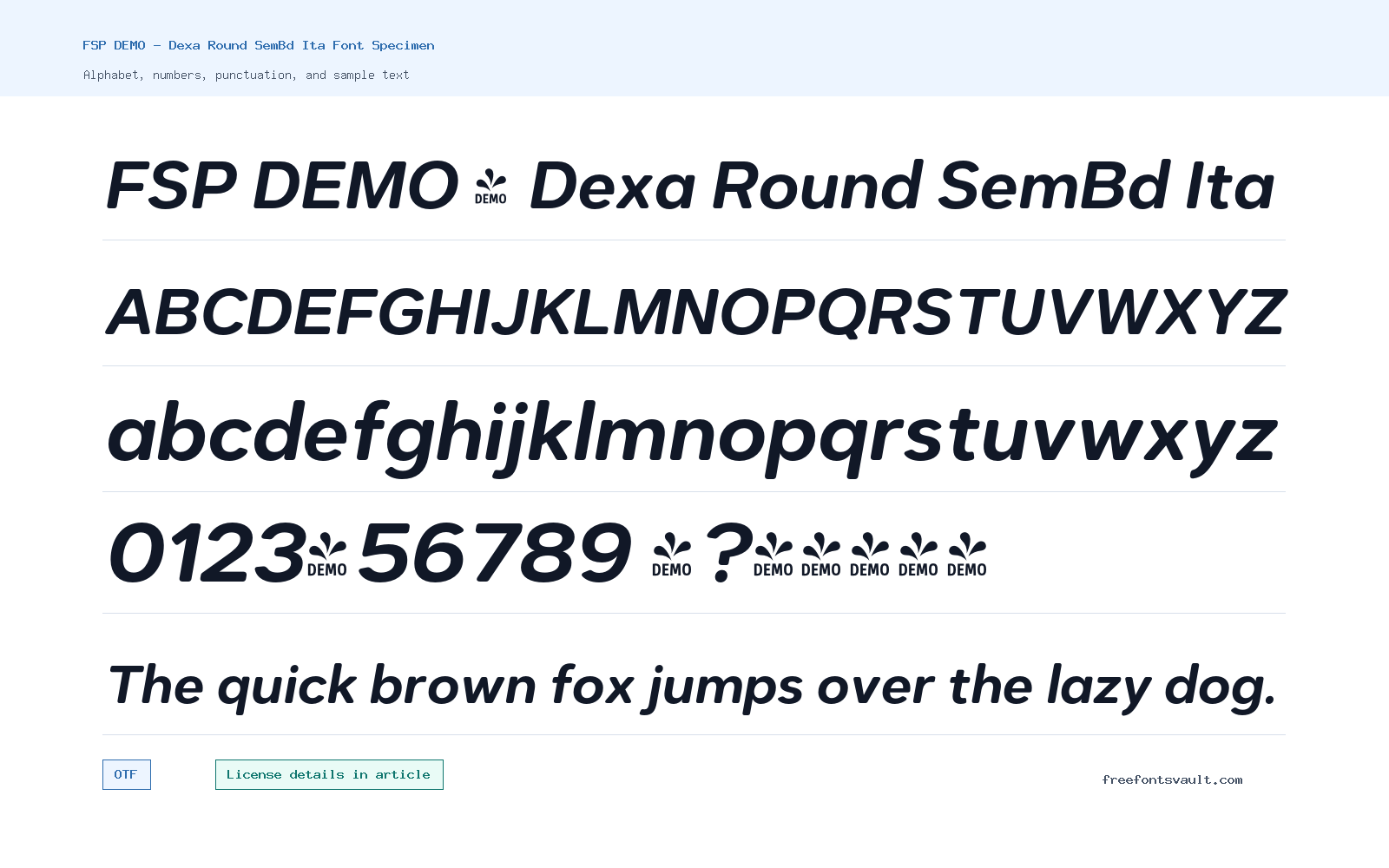 FSP DEMO - Dexa Round SemBd Ita font specimen showing alphabet, numbers, and sample text